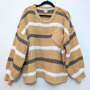 POL Oversized Plush Boho Striped Sweater In Mustard Yellow & Green Size S